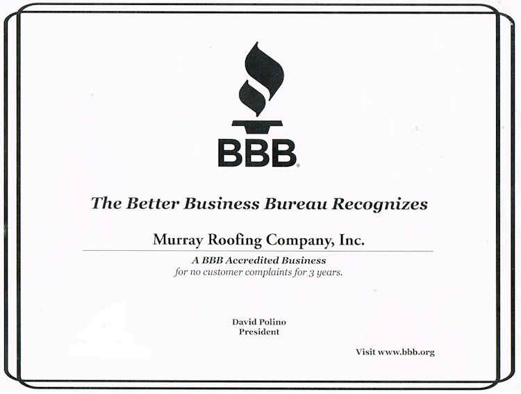 Murray Roofing Company Better Business Bureau Certificate
